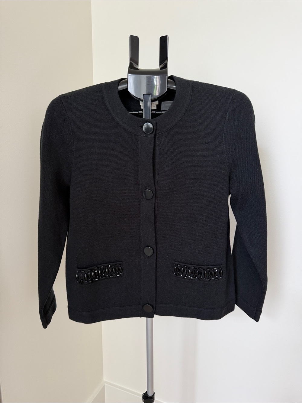 kate spade Black Round-Neck Button Cardigan with Beaded Pockets